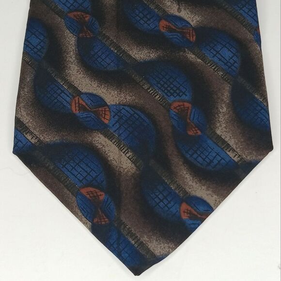 OSCAR DE LA RENTA Men’s Blue Brown Geometric Silk Tie Designer Classic Retro - Picture 3 of 7